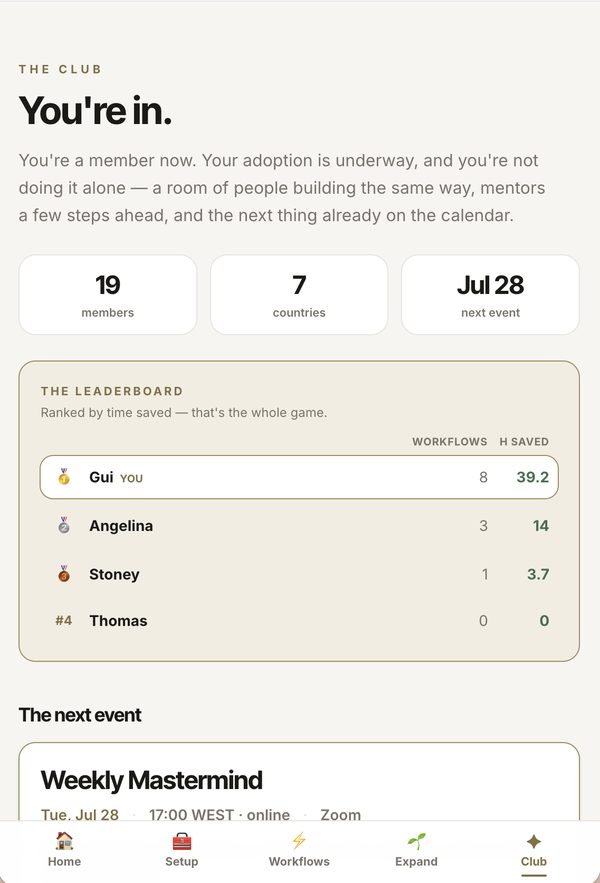 The club screen with the members leaderboard ranked by hours saved