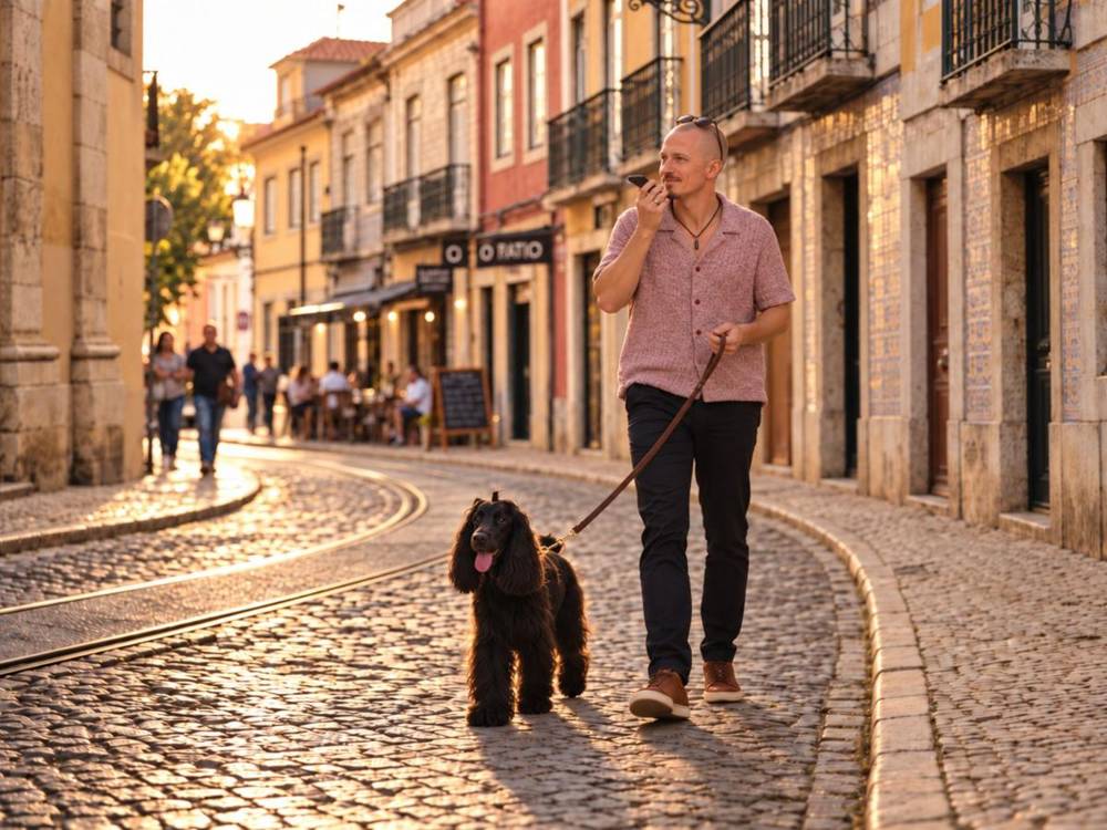 Gui Perdrix walking in Lisbon, talking to Claude