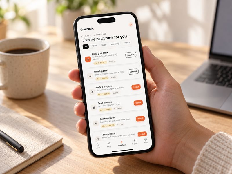 The Timeback workflow library on a phone