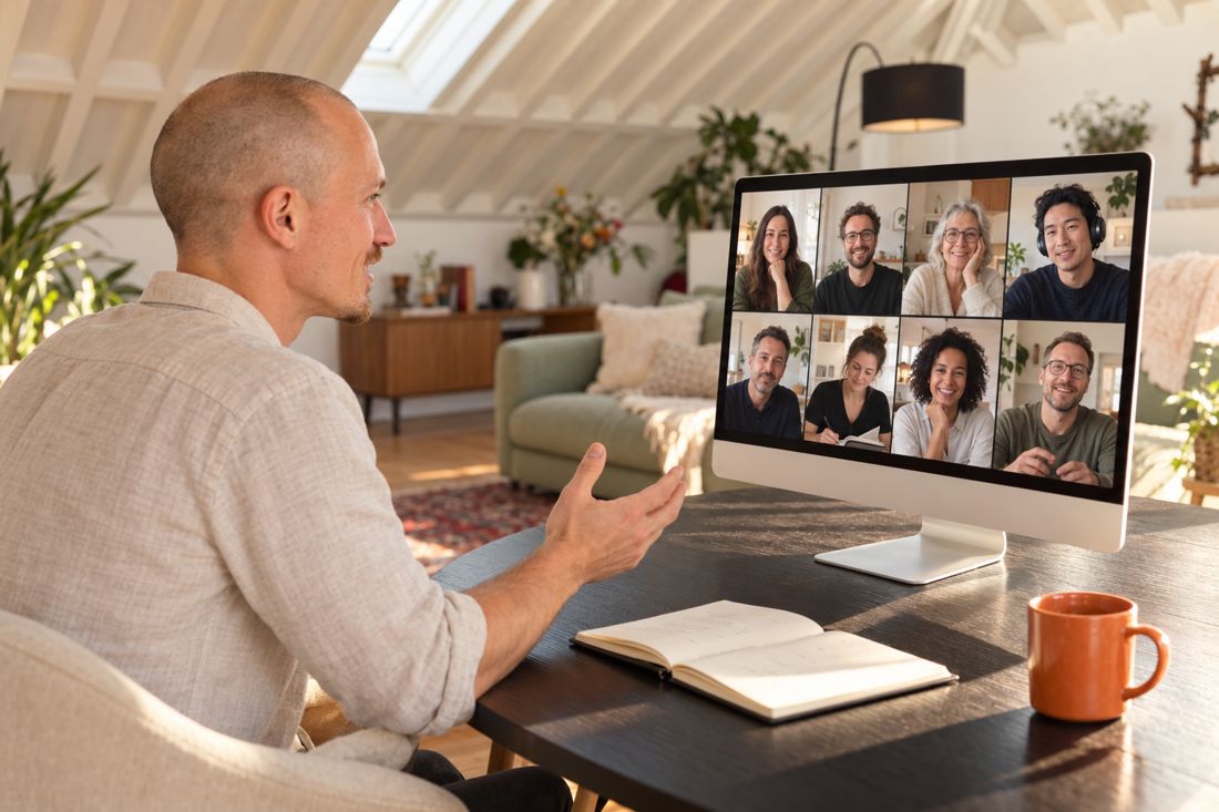 Gui Perdrix leading a live mastermind with eight entrepreneurs